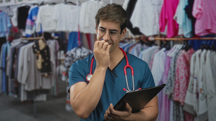Doctor man in scrubs holds clipboard and pen, fingers to mouth thinking pose inside a building; concern reflection thoughtfulness.