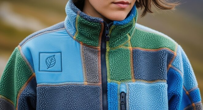 Colorful patchwork jacket with leaf emblem shows a fashion trend in clothing. This jacket features colorful patchwork with leaf emblem and visible zipper, showcasing unique style.