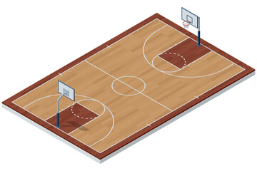 Isometric illustration of an indoor basketball court with wooden flooring, painted lines, and two hoops. Detailed sports arena layout for training, competition, or gym design concepts.