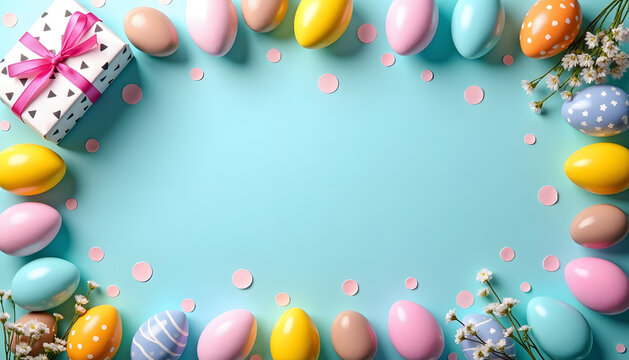 Easter eggs and gift box on a pastel blue background, holiday concept