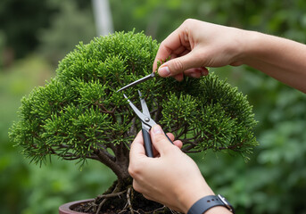 Person trimming bonsai tree with scissors in garden setting  
