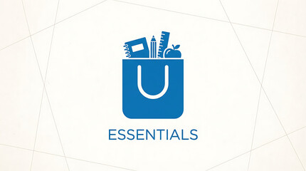 Blue shopping bag icon filled with essential school supplies.