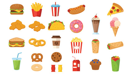 Flat Design Fast Food Vector Set Modern Appetizing Cuisine Elements Collection Isolated White Background Graphics