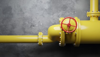 Yellow Industrial Gas Pipeline System with Red Valve on Dark Background