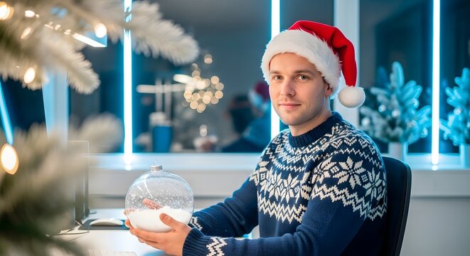 Man in Ugly Christmas Sweater Holding Snow Globe at Desk - Powered by Adobe