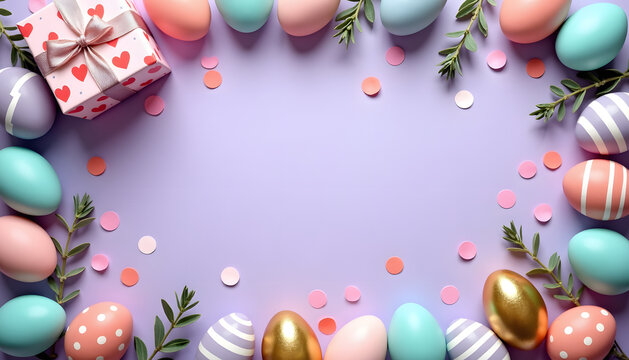 Easter egg arrangement with gift box, confetti, and sprigs on a purple background