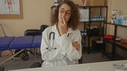 Young hispanic woman doctor with stethoscope finger to lips for silence in clinic consultation...