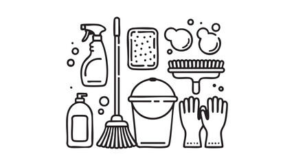 Black and white line art illustration of cleaning supplies and bubbles vector