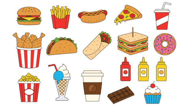 Premium Fast Food Flat Design Vector Element Set Modern Illustrations Takeout Restaurant Menu Icons Collection Isolated White Background Graphic Design Assets