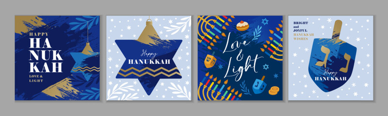 Happy Hanukkah, Love and Light creative greetings. Modern vector design with typography, star David, olive branches, menorah, dreidel, gelt and sufganiyot for covers or banners