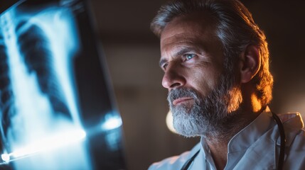 Doctor examining an x-ray in a dimly lit room, medical professional