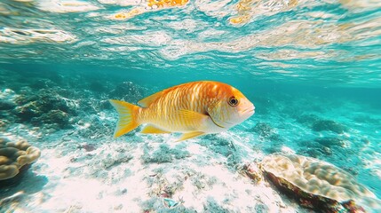 A beautiful coral reef with colorful fish swimming through crystal-clear water