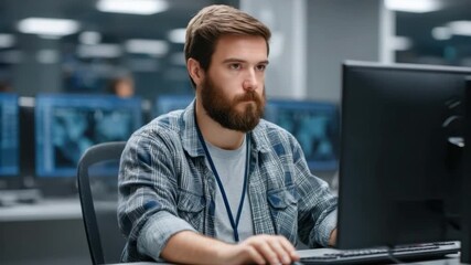 Male computer user engaging with technology in modern data processing office environment with screens displaying information 4k video footage - Powered by Adobe