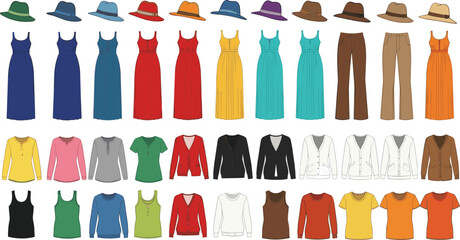 Fashion clothing grid, colorful outfits, diverse wardrobe items, hats, dresses, tops, cardigans, pants, accessories, character design, apparel reference, style guide