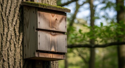 Wooden bat house attached to tree trunk in forest setting. Bat house, an artificial roost, provides shelter for bats in their natural environment, ensuring protection in wooded area.