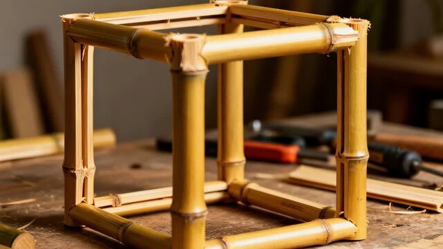 Closeup medium shot of natural bamboo frame being assembled highlighting renewable material and organic texture.