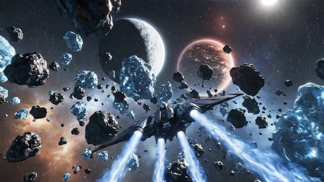 Cosmic voyage through asteroid field spacecraft navigates celestial bodies
