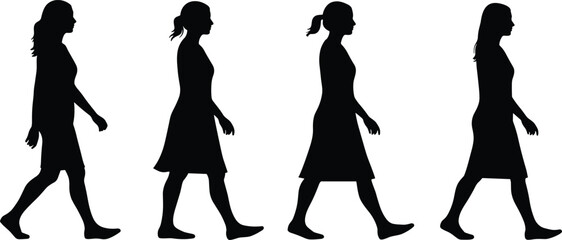 Female walking silhouettes, motion cycle, black illustration, gait study, dress posture, walking phases, right-facing figures, biomechanics, animation, movement