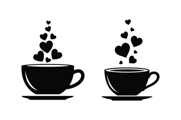 Set of cup releasing steam hearts silhouette vector illustration