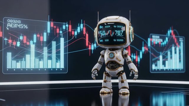 Small jovial trading automaton presents stock charts vividly