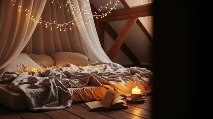 Attic bedroom interior featuring a canopy bed adorned with fairy lights, alongside an open book and candle on the wooden floor, creating a cozy ambiance with warm lighting.