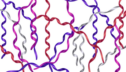 Festive pattern of intertwined, curly ribbons (streamers) in purple, pink, red, and silver against a white background. Decorative element or backdrop for parties, birthdays, and celebration themes.
