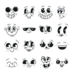 Retro 30s mascot cartoon character faces or excited face expressions vector set