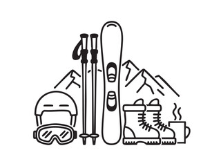 Black and white vector illustration of ski gear and mountains with hot drink snowboard helmet