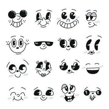 Retro 30s mascot cartoon character faces or excited face expressions vector set