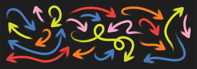 Naklejka premium Collection of colorful hand-drawn arrows and scribbles. Doodle movement spiral arrows, scribble, lines.