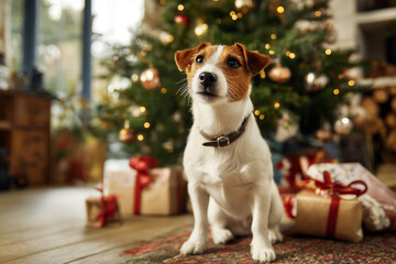Jack Russel Terrier sitzt vor eimem Weihnachtsbaum mit Geschenken
