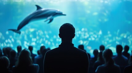 A bustling aquarium with families watching dolphins perform underwater acrobatics