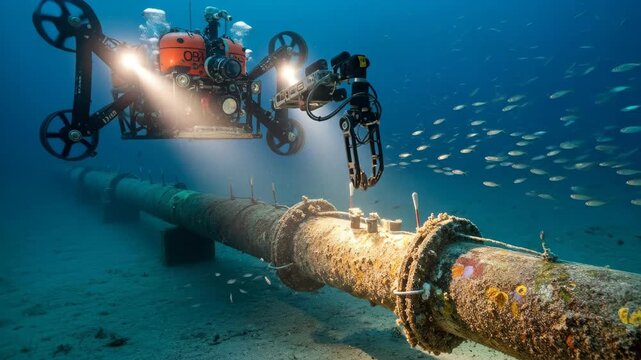Underwater rov inspects rusty pipeline with precision in ocean depths. technological exploration unveils marine environment secrets.