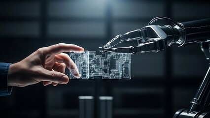 Human hand touches a robot arm holding a transparent circuit board