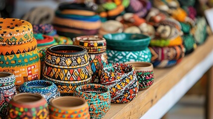 A bustling artisan market with handcrafted jewelry, pottery, and vibrant fabrics on display