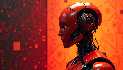 Futuristic red robot with glowing eye and circuit board background