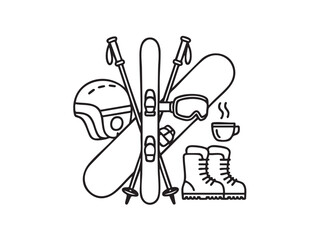 Black outline ski and snowboard gear with hot drink helmet goggles