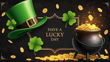 St Patricks Day Celebration with Green Hat Pot of Gold and Clovers for Festive Background Design and Lucky Themed Party Invitations and Greetings