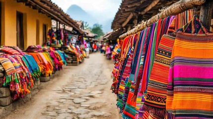 A bustling artisan market with handcrafted jewelry, pottery, and vibrant fabrics on display