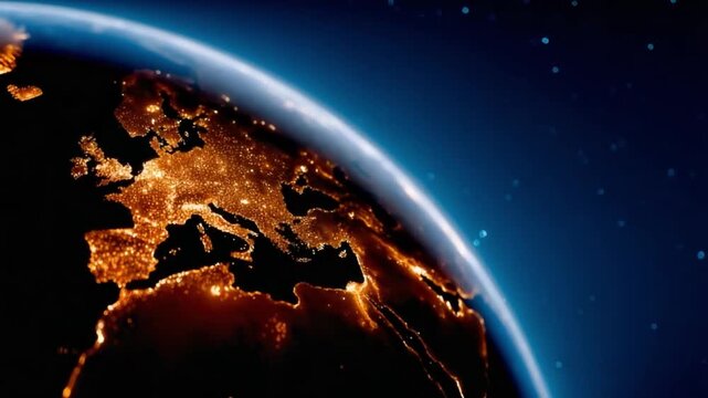 Illuminated Globe: A captivating view of earth at night, displaying city lights illuminating continents, representing humanity's presence and progress against the cosmic background.