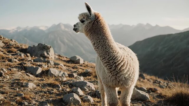 A fluffy white alpaca stands on a rocky mountain slope with snow-capped peaks in the background under a bright sky.