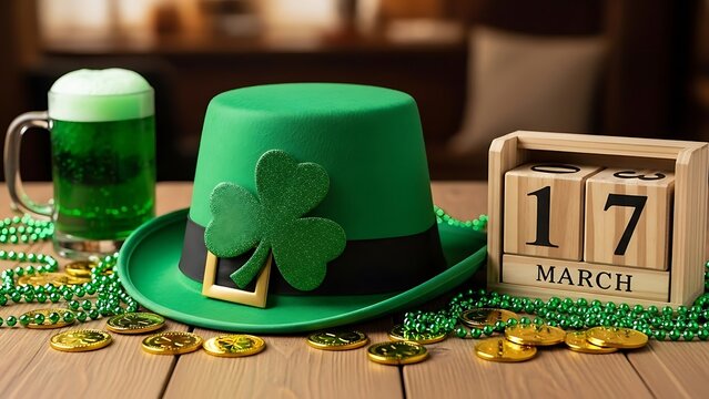 St Patricks Day Celebration Still Life with Green Beer and Festive Decorations Honoring Irish Heritage and Traditions for a Joyful Holiday Spirit