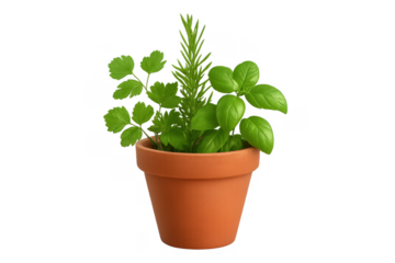 Fresh cooking herbs growing in terracotta pot