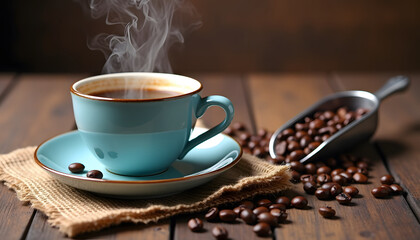 Steaming cup of coffee with roasted beans on a rustic wooden table