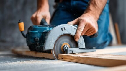 Worker aligning the circular saw blade with the guide rail meticulously inspecting for accurate positioning and safe usage.