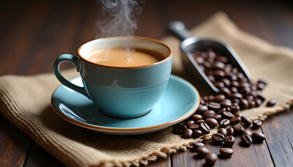 Steaming cup of coffee with roasted beans on a rustic wooden table