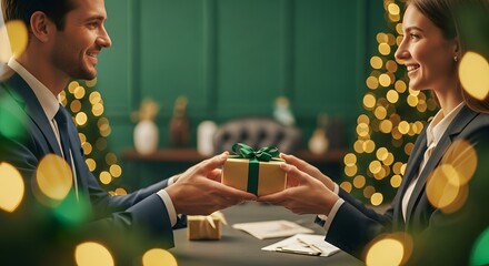 Business Colleagues Exchanging Christmas Gifts at Holiday Office Party