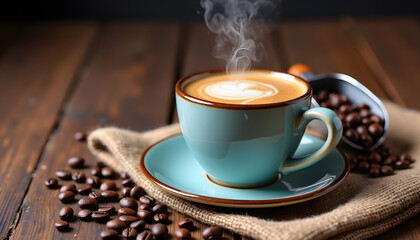 Steaming latte in a teal cup with coffee beans on a rustic wooden table