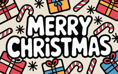 Merry christmas text with candy canes gifts and stars on a beige background holiday celebration