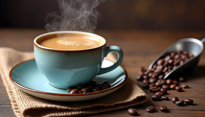 Fototapeta premium Steaming cup of coffee with roasted beans on a rustic wooden table